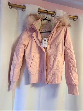 Hollister Girls Light Pink Faux-Fur Trim Hooded Puffer Jacket